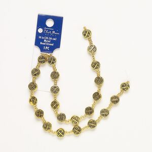 Bead, glass and antique gold-finished "pewter" (zinc-based alloy), gold, 9-10mm flat round with raised Celtic knot design. Sold per 14-inch strand.