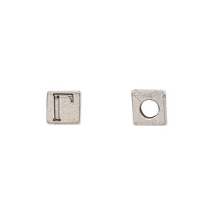 Bead 1pkg4 pewter, 7mm cube / Greek letter Gamma, antiqued