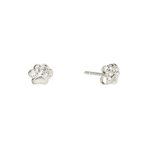 Earstud, Create Compliments&reg;, sterling silver and crystal, clear, 7.5x6mm paw print. Sold per pair.
