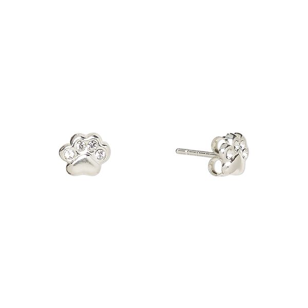 Earstud, Create Compliments&reg;, sterling silver and crystal, clear, 7.5x6mm paw print. Sold per pair. image number 0