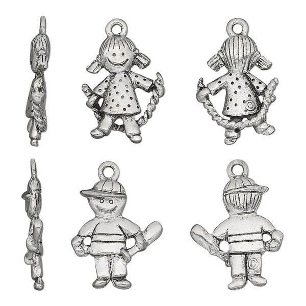 Charm, antiqued pewter (tin-based alloy), 19x15mm two-sided girl with rope and 19x16mm two-sided boy with bat. Sold per 2-piece set. image number 0