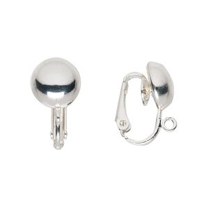 Earring clip-on 1pkg100 silver-plated, 18mm hinged / 10mm half-ball / open loop, steel 50 pair