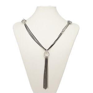 Necklace, multi-strand, silver-plated steel / brass / gold-finished steel / antique silver-plated "pewter" (zinc-based alloy), white and black, 5-inch dangle with fringed chain, 36 inches with 2-inch extender chain and lobster claw clasp. Sold individually.