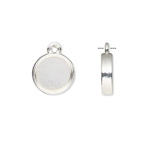 Drop, silver-finished brass, 12mm double-sided round with 10mm round setting. Sold per pkg of 10.