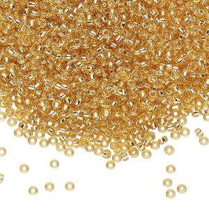 Seed bead, Miyuki, glass, pkg/25g, #11 rocaille, transparent silver-lined gold, (RR-3).