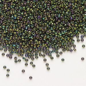 Seed bead, Miyuki, glass, pkg/250g, #15 rocaille, opaque metallic iris dark green (RR-465).