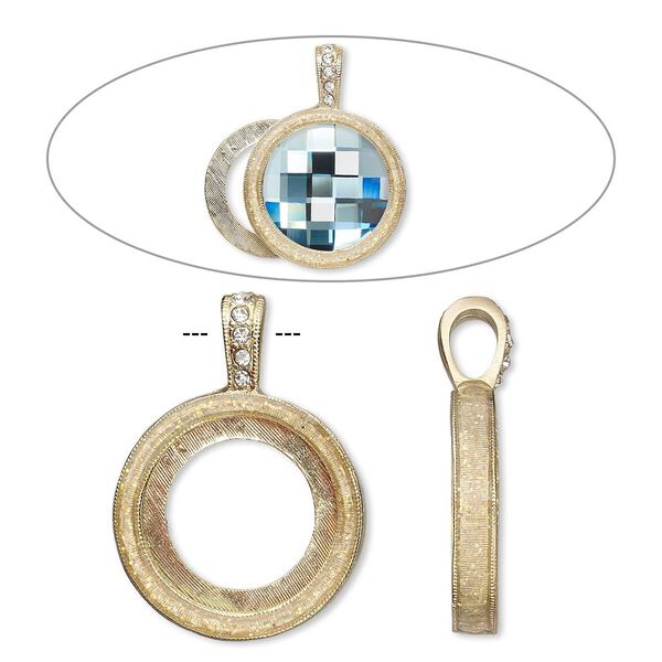 Pendant, Almost Instant Jewelry&reg;, epoxy / crystals / gold-finished "pewter" (zinc-based alloy), crystal clear with glitter, 33x24mm single-sided with 20mm round setting. Sold individually. image number 0