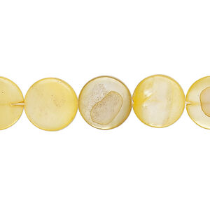 Mother-of-pearl shell 1pkg1, puffed flat round bead 15 inch buttercup 11-12mm