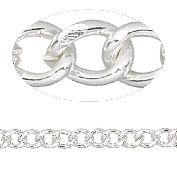 Chain 1pkg1 curb, 5mm, silver-finished brass 5 foot unfinished image number 0