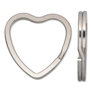 Key ring 1pkg10 nickel-finished, 32x31mm flat heart, 26x24mm inside diameter / steel