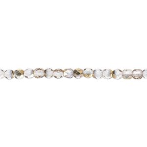 Bead, Czech fire-polished glass, clear and metallic 24Kt gold, 3mm faceted round. Sold per 15-1/2" to 16" strand.