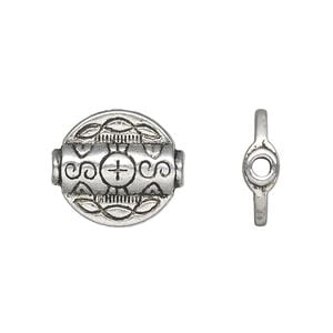 Bead 1pkg10 silver-plated "pewter", 15x5mm flat round tube / 2sided, antique