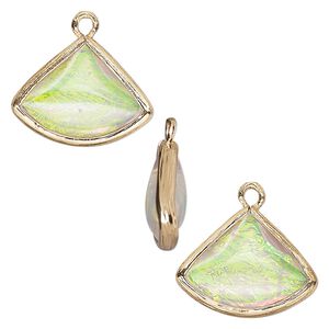 Drop, Opalized Ice&trade;, "opal" (resin) and gold-finished brass, white, 19x15mm double-sided fan. Sold per pkg of 4.