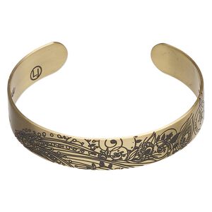 Bracelet cuff 1pkg1 antique gold-finished brass, black, 12mm wide with peacock on outside / "Life is tough my darling, but so are you" on inside.