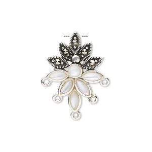 Drop, sterling silver / marcasite / mother-of-pearl shell (bleached) 1pkg1, 23x17mm fancy drop with hidden top loop and 5 bottom loops.