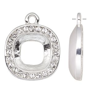 Drop, Almost Instant Jewelry&reg;, crystals and silver-plated "pewter" (zinc-based alloy), crystal clear, 15.5mm rounded square with 10mm cushion setting. Sold individually.