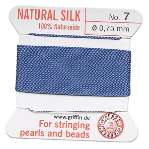 Thread, Griffin, silk, blue, size #7. Sold per 2-meter card (approximately 78 inches).