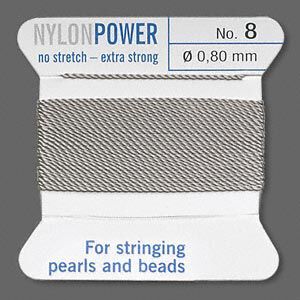 Thread, Griffin, nylon, grey, size #8. Sold per 2-meter card (approximately 78 inches).
