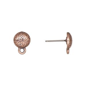 Earstud 1pkg10 TierraCast&reg; antique copper-plated pewter (tin-based alloy) / titanium, 9mm hammered round / closed loop / hammertone collection, 5 pair