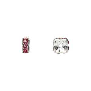 Bead 1pkg10 silver-plated, 6x3mm squaredelle, brass / rose rhinestone