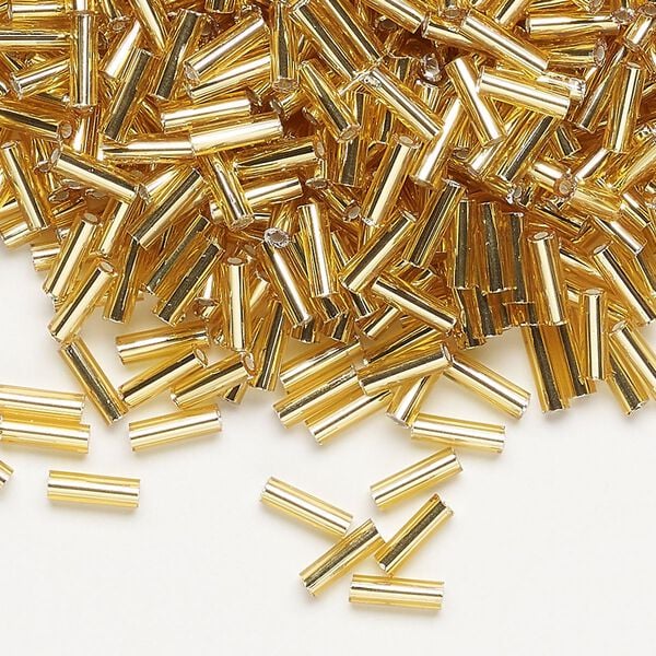 Bugle bead, Dyna-Mites&trade;, glass, silver-lined transparent metallic gold, #3. Sold per 1/2 kilogram pkg. image number 0
