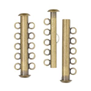 Clasp slide lock 1pkg10 gold-plated, 31x6mm tube, antique brass 5-strand