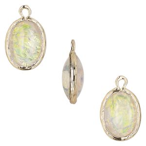 Drop, Opalized Ice&trade;, "opal" (resin) and gold-finished brass, white, 16x12mm double-sided oval. Sold per pkg of 4.