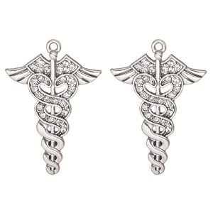 Focal, antique silver-finished "pewter" (zinc alloy) and glass, clear, 34x26mm caduceus medical symbol. Sold per pkg of 2.