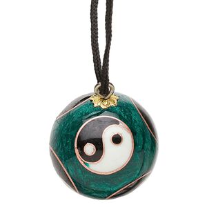 Necklace, cloisonn&eacute;, nylon cord / enamel / gold-finished / silver- / copper-plated steel, green / black / white, 22mm round with yin-yang design and chime, 26-inch continuous loop. Sold individually.