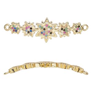 Focal, cubic zirconia and gold-finished brass, multicolored, 35.5x12mm single-sided curved stars. Sold individually.