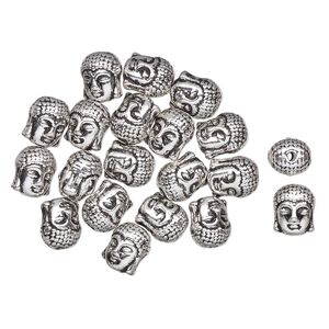 Bead 1pkg20 silver-finished "pewter", 11x9mm Buddha head, antique