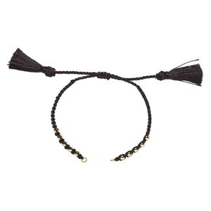 Bracelet component, nylon and gold-finished brass, black, 9-3/4 inches with adjustable macram&eacute; closure and (2) 5mm open loops. Sold individually.