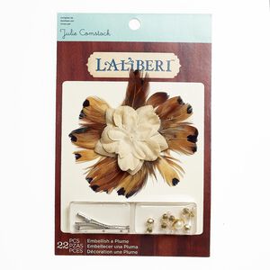Brooch / hair clip kit, Laliberi&trade;, feather (natural) / fabric / silver-finished steel / gold-coated acrylic, tan / white / light pink, flower. Sold per kit.
