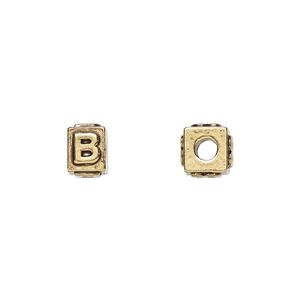 Bead 1pkg4 gold-plated pewter, 8x6mm rectangle / letter B, antique Dione&reg;