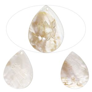 Focal, mother-of-pearl shell (natural/bleached) 1pkg3, 52x38mm-65x48mm top-drilled hand-carved teardrop with koi design.