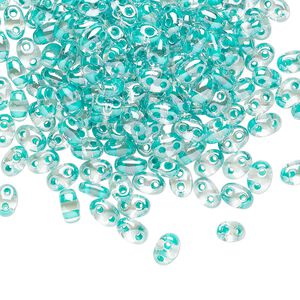 Seed bead, Preciosa Twin&trade; Czech glass, pkg/250g, 5x2.5mm oval, transparent green terra color-lined clear, (38658).