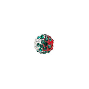 Bead, Egyptian glass rhinestone / epoxy / resin, white / red / green, 10mm round with pav&eacute; wave design. Sold individually.