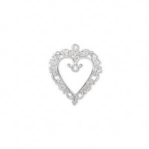 Focal, silver-plated "pewter" (zinc-based alloy), 33x31mm single-sided open heart with floral border and center loop. Sold individually.