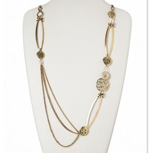 Necklace, mother-of-pearl shell (dyed) / acrylic / resin / antiqued gold-finished brass / "pewter" (zinc-based alloy) / steel 1pkg1, brown and yellow, buttons, 38 inches with lobster claw clasp.