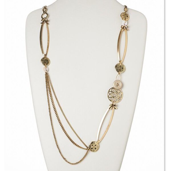Necklace, mother-of-pearl shell (dyed) / acrylic / resin / antiqued gold-finished brass / "pewter" (zinc-based alloy) / steel 1pkg1, brown and yellow, buttons, 38 inches with lobster claw clasp. image number 0