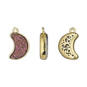 Drop, Druzylite&trade;, "druzy" (resin) and gold-finished brass, metallic purple, 14x10mm two-sided moon with open filigree back. Sold per pkg of 4.