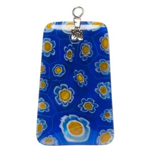Focal, millefiori glass and silver-finished steel 1pkg1, translucent cobalt blue and multicolored, 42x26mm-44x28mm puffed trapezoid.