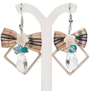 Earring, freshwater pearl shell / glass / satin ribbon / silver-finished steel, multicolored, open diamond / flower / teardrop, 2-1/2 inches with fishhook ear wire. Sold per pair.