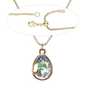 Necklace, Everyday Jewelry&trade;,  brass / crystal / "pewter" (zinc alloy), pear-cut pendant on gold-plated adjustable chain with lobster claw clasp, 16-23.5. Sold individually.
