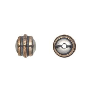 Bead 1pkg1 sterling silver, 10mm round / textured concentric circles, copper antiqued