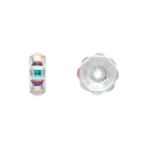 Bead 4pk crystal AB silver plate, Crystal Passions&reg; 12x5mm rondelle 77812