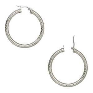 Earring, stainless steel, 38mm textured round hoop with latch-back closure. Sold per pair.