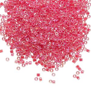 Seed bead, Delica&reg;, glass, pkg/250g, #11 round, translucent dark coral-lined rainbow crystal clear (DB-0075).
