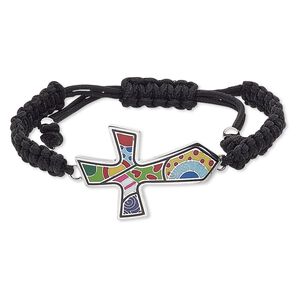 Bracelet, enamel / waxed cotton cord / stainless steel, multicolored, 46x31mm cross, adjustable from 7-9 inches with macram&eacute; knot closure. Sold individually.