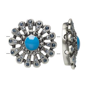 Spacer, antique silver-plated "pewter" (zinc-based alloy)/glass/epoxy, clear and turquoise blue, 21x21mm 2-strand flower with rhinestones, 5mm between holes. Sold per pkg of 2.